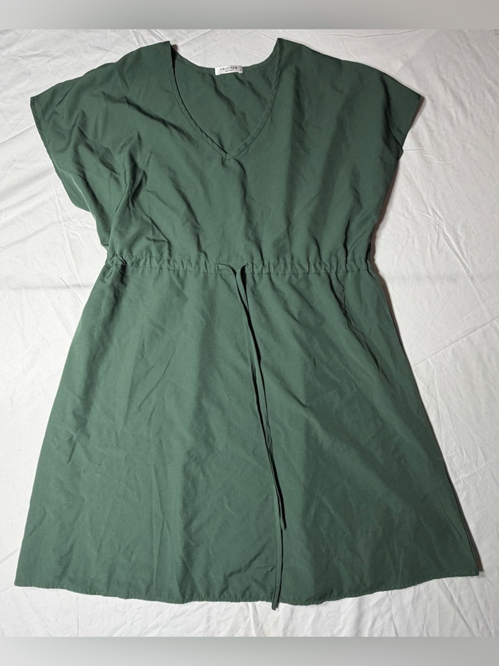 Ekouaer Green V-Neck Short Sleeve Lounge Dress with Drawstring Waist - Size M
